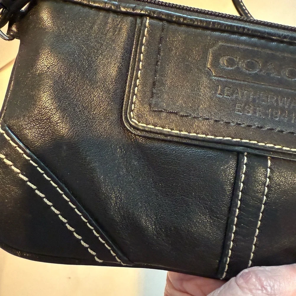 Coach Black Leather Wristlet with Contrast Stitching